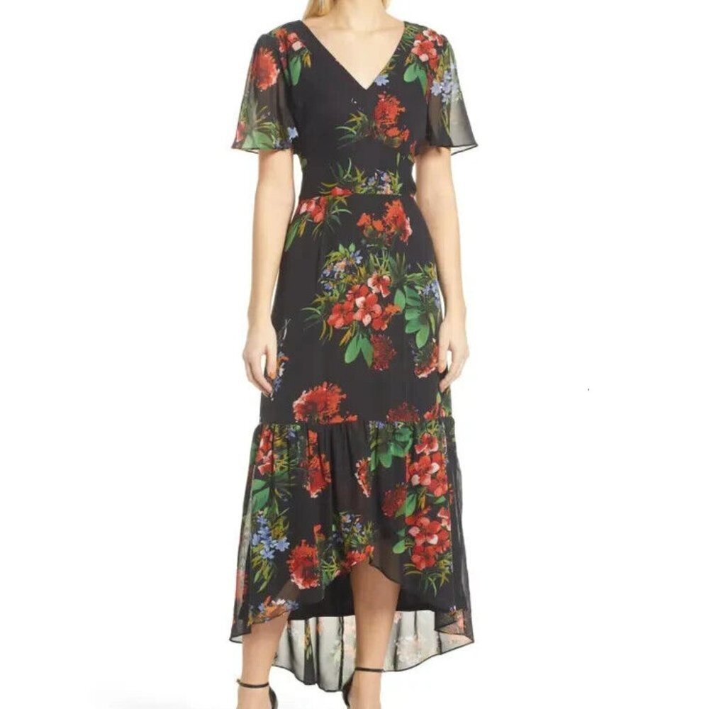 Julia Jordan V-Neck Floral Print Short Flutter Sleeve High-Low Maxi Dress P5105 - Picture 1 of 8